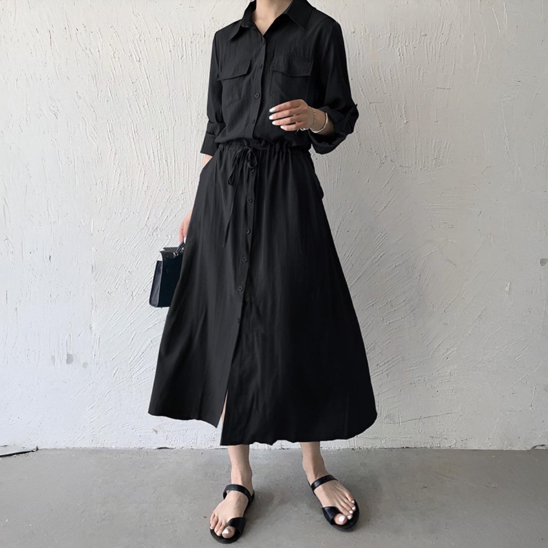 レディース ワンピース シャツワンピ ロング シャツ袖 ポロカラー スリム 細身 Aライン ウエスト紐 ドローストリング ポケット ボタン 大人可愛い きれいめ シンプル カジュアル プリンセス