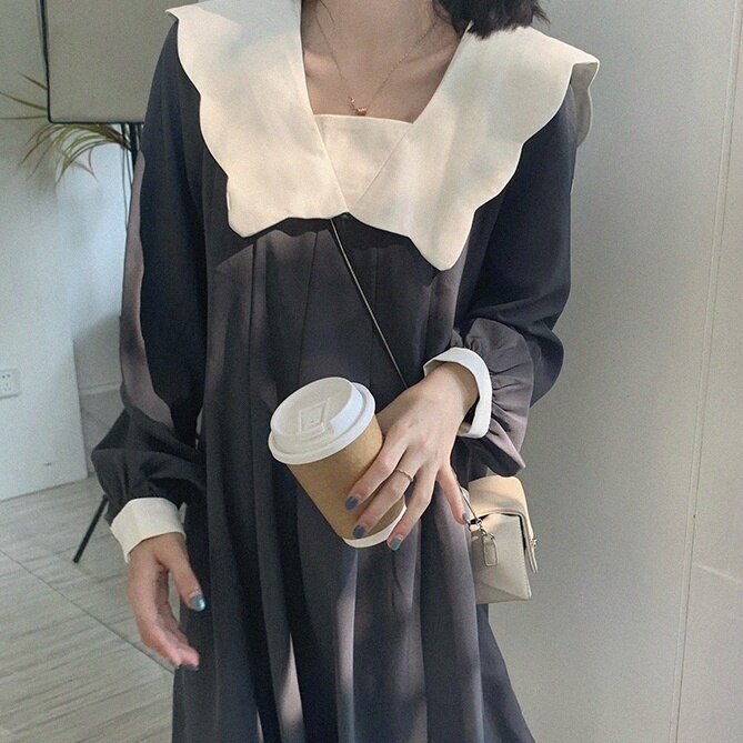 レディース ワンピース 長袖 ミニ丈 ひざ上 ひざ上スカート 襟付き ボリューム袖 人気