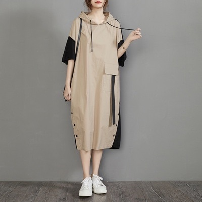 大きめ フード付き スカート ワンピース パーカー トップス 膝下 半袖 ストレート ポケット かわいい 大人可愛い シンプル カジュアル 大人 おしゃれ お洒落 かっこいい レトロ 大人可愛い