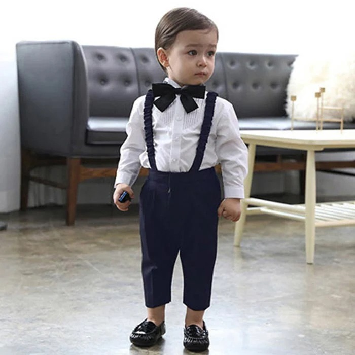 ベビー キッズ フォーマル セットアップ 男の子 シャツ パンツ 蝶ネクタイ 3点セット グレー 春 夏 長袖 半袖 スーツ 無地 ネイビー シンプル セット パーティー 七五三 結婚式