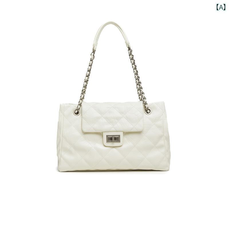 ショルダーバッグ レディース 大容量 チェーン ハンド 秋冬 シンプル カジュアル 普段使い 通勤 おしゃれ ロック ホワイト ブラック 人工皮革