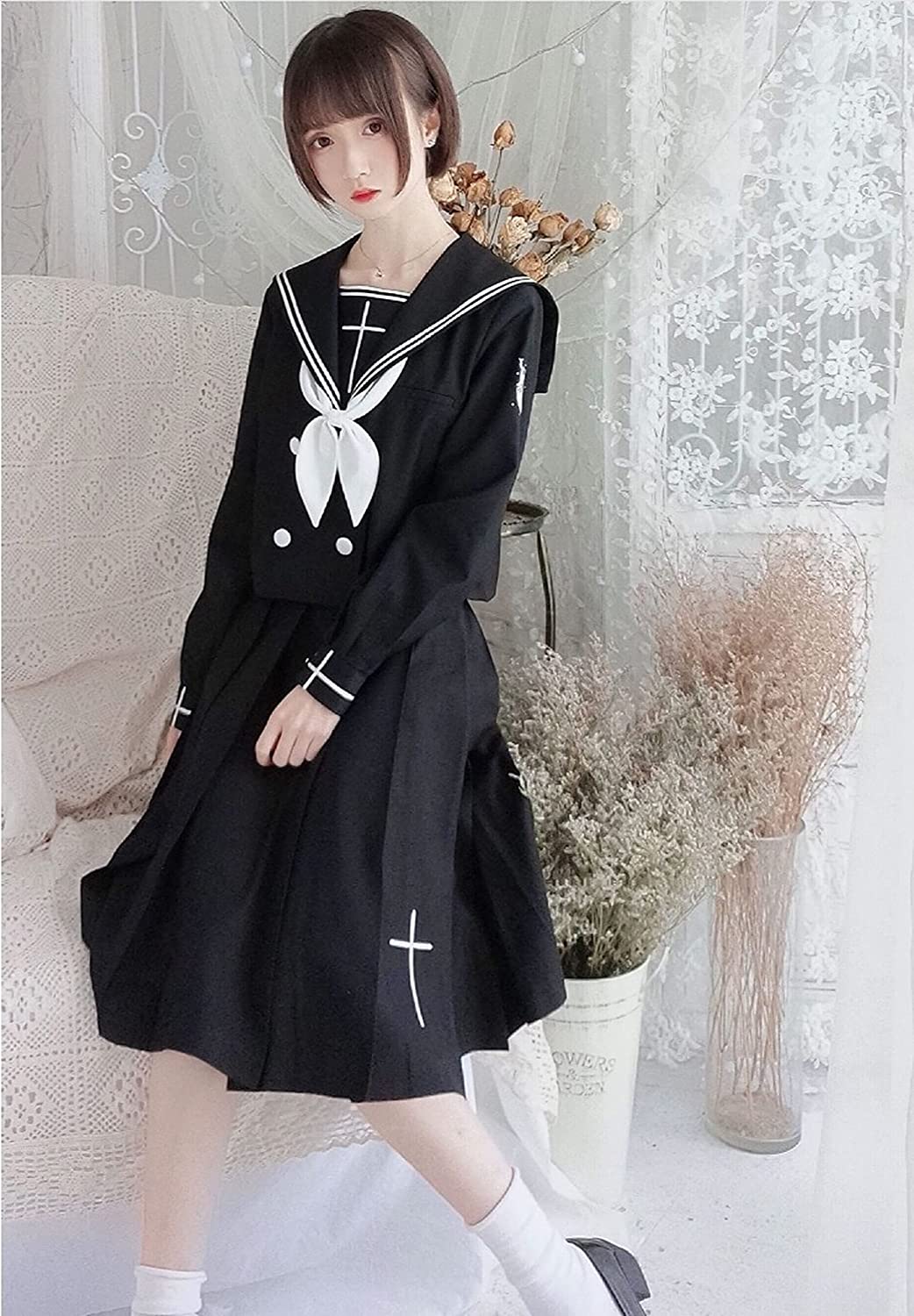 JK制服 スクール制服 セーラー服 正統派刺繍前開き膝丈スカート女子高生コスプレ長袖
