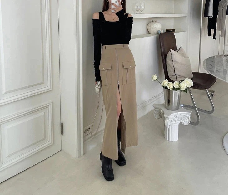センタージップアップハイウエストタイトスカート ファスナー ロングスカート レディース 秋 冬 ハイウエスト ミディ丈 ジッパー スリット ポケット カジュアル きれいめ タイト Aライン おし