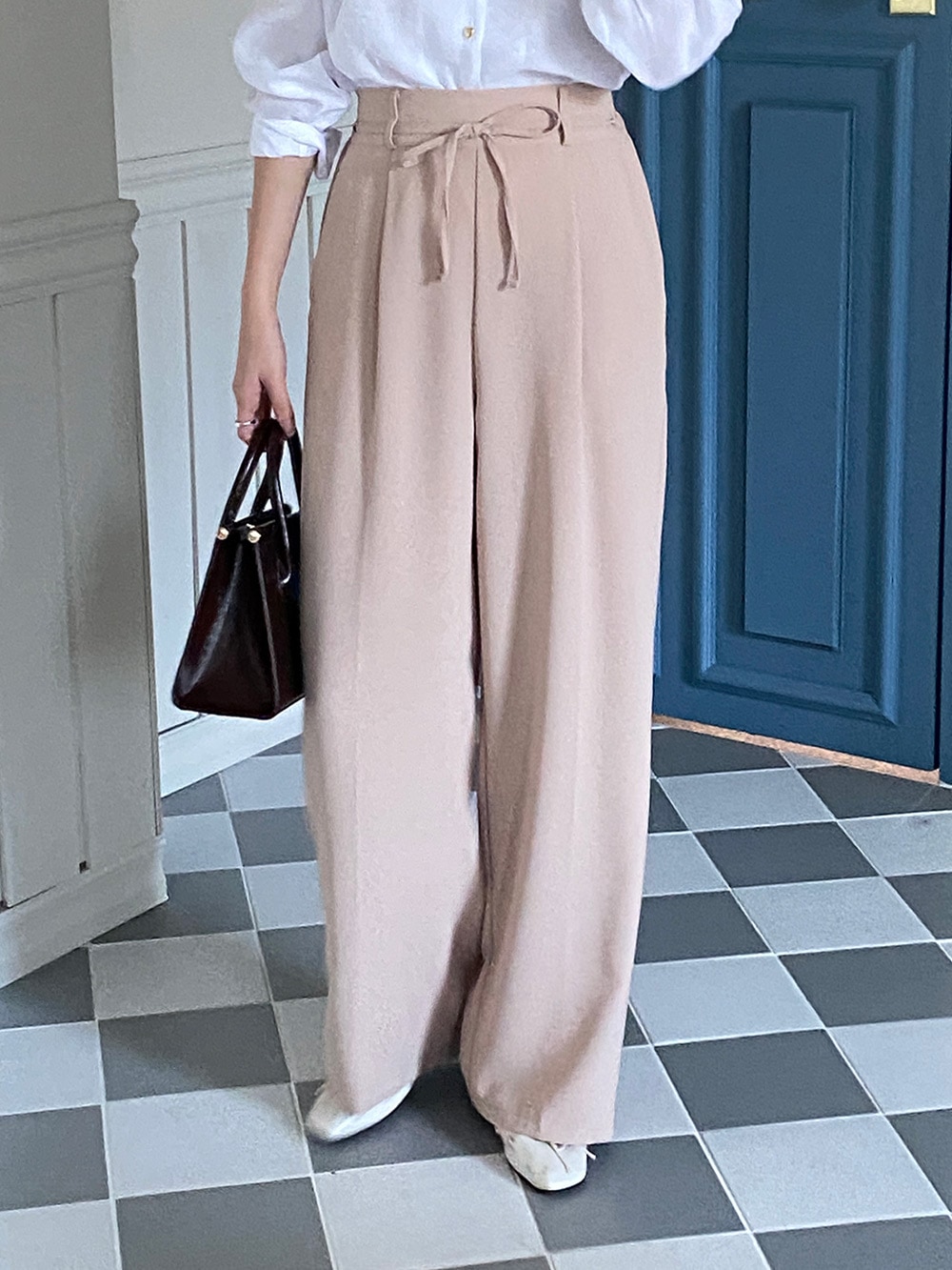 韓国ファッション ゆら プリーツ パンツ 無地 ハイウエスト プリーツ ウエスト バンディング ワイド/ルーズ 長 ズボン