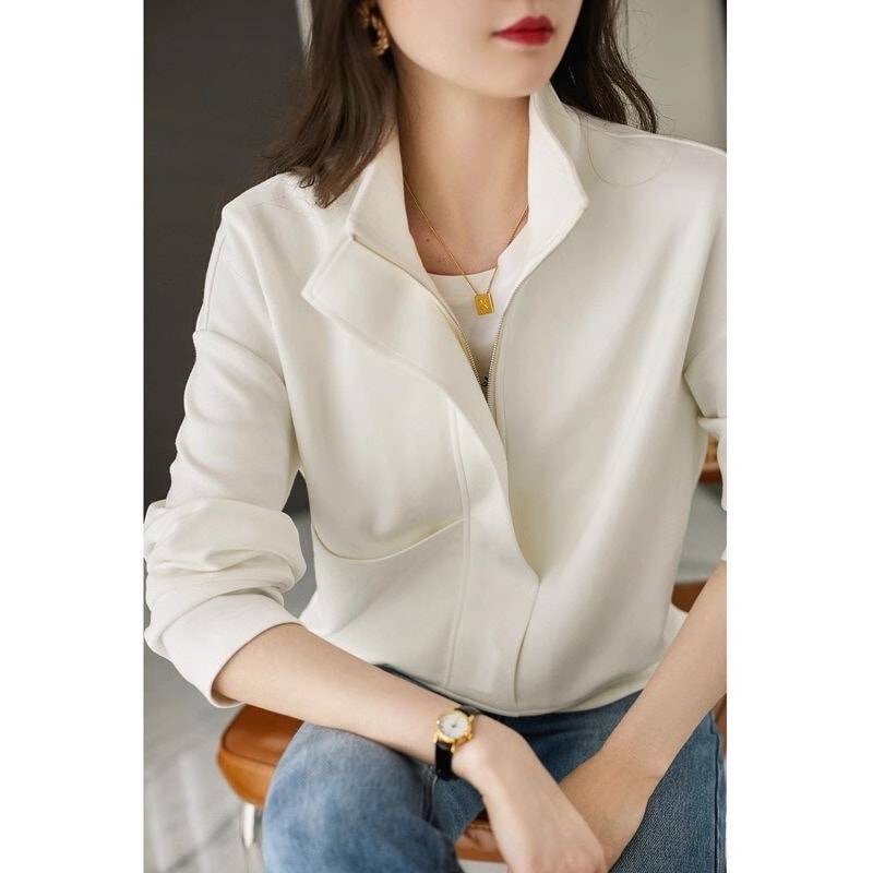 ジッパー レディース トップス プルオーバー トレーナー ブルゾン 上着 長袖 スタンドカラー ファスナー ポケット きれいめ シンプル 上品 おしゃれ かっこいい こなれ感 ラフ メンズライク