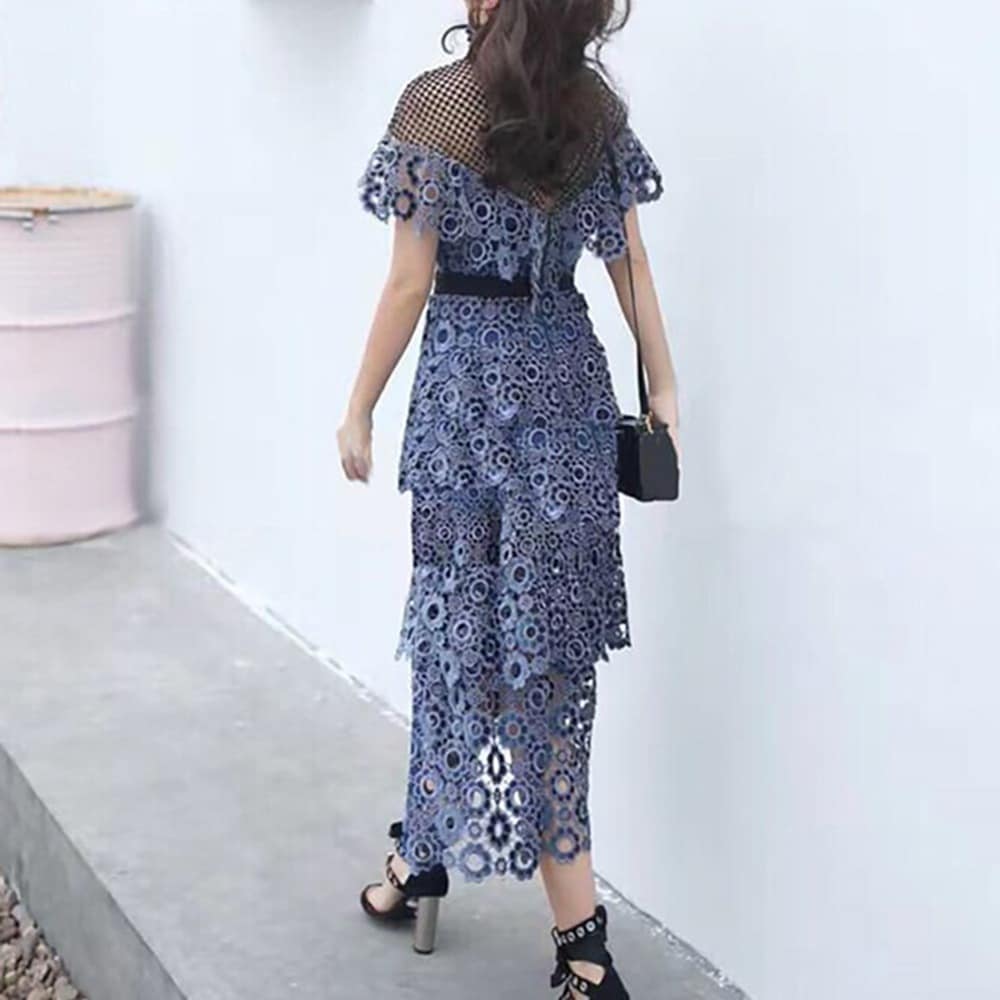 レースティアードワンピース ワンピース ティアードワンピース 膝丈 ひざ丈 袖あり 半袖 ハイネック フレア レース 透け感 シースルー ポリエステル かわいい 大人可愛い シンプル カジュアル 大人