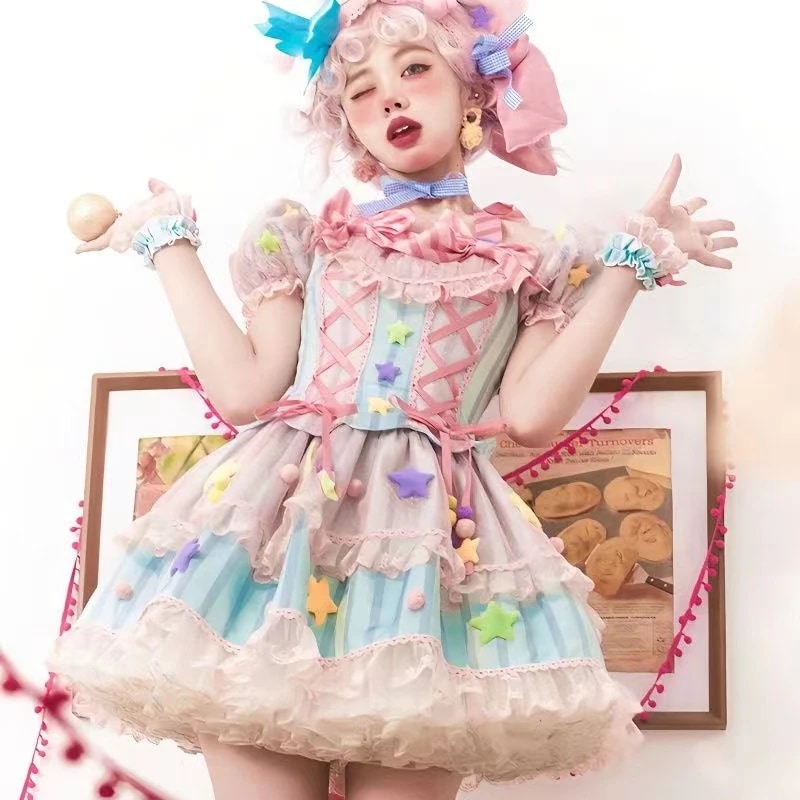 ロリータjsk半袖ドレス シュガーマジックオプ ロリータライトロースカート デイリードレス プリンセスドレス