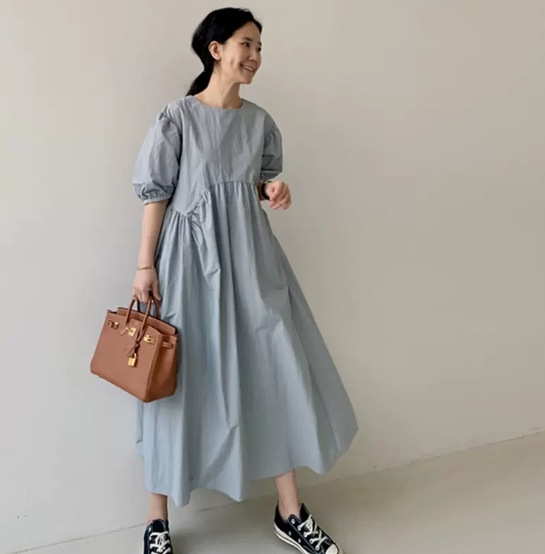 ワンピース ロング丈 袖あり 5分袖 ラウンドネック パフスリーブ 襟なし リネン 大人可愛い シンプル 上品 おしゃれ 大人女子 こなれ感 ラフ ルーズ とろみ感 抜け感 無地 マタニティ 女の子