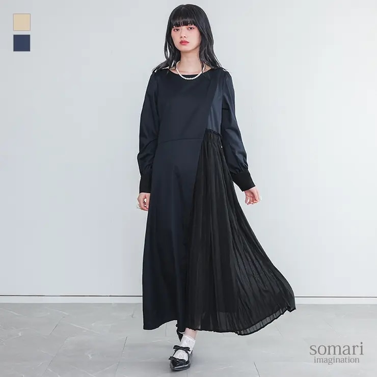 somari imagination異素材プリーツ切替アシメワンピース