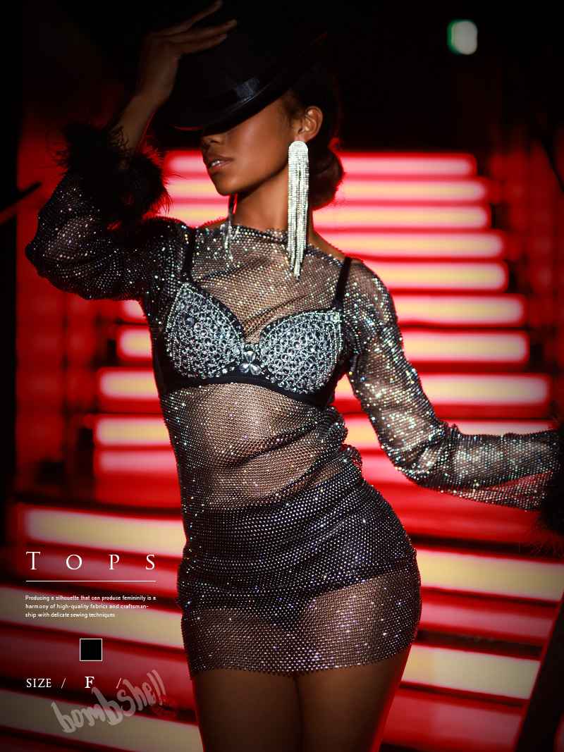 ワンピース ビジュー メッシュ シースルー 長袖 クラブ ステージ衣装 ギラギラ 派手 ファー 高級 bombshell