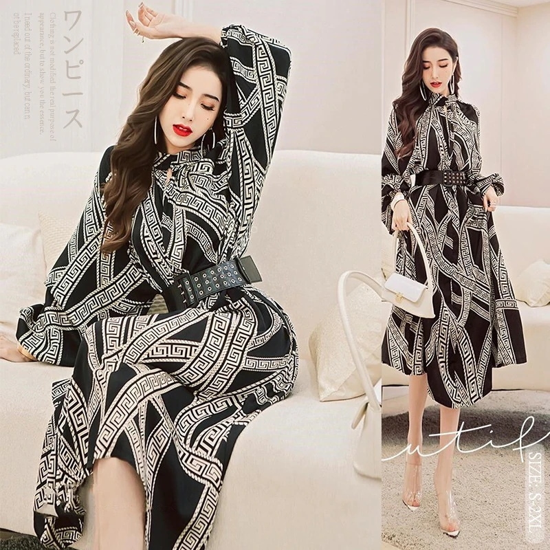 MZ342韓国 オシャレ花柄 ヴィンテージフレンチ 秋の新しいスタイル ロング 秋服