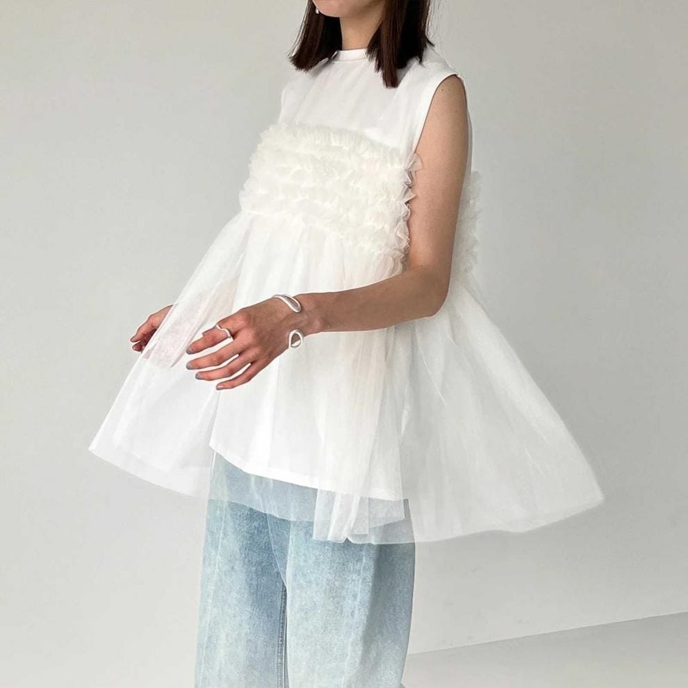 レディース トップス カットソー ノースリーブ ラウンドネック フレア チュール シフォン 切り替えデザイン かわいい 大人可愛い きれいめ シンプル 上品 おしゃれ こなれ感 ガーリー ルーズ