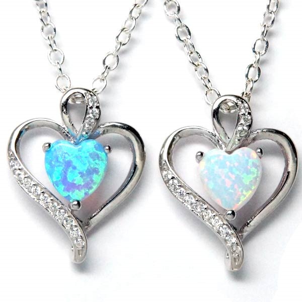 シルバー925 ペンダント ネックレス オパール ハート カールフレーム クリアジルコニア レディース ホワイト/ライトブルー