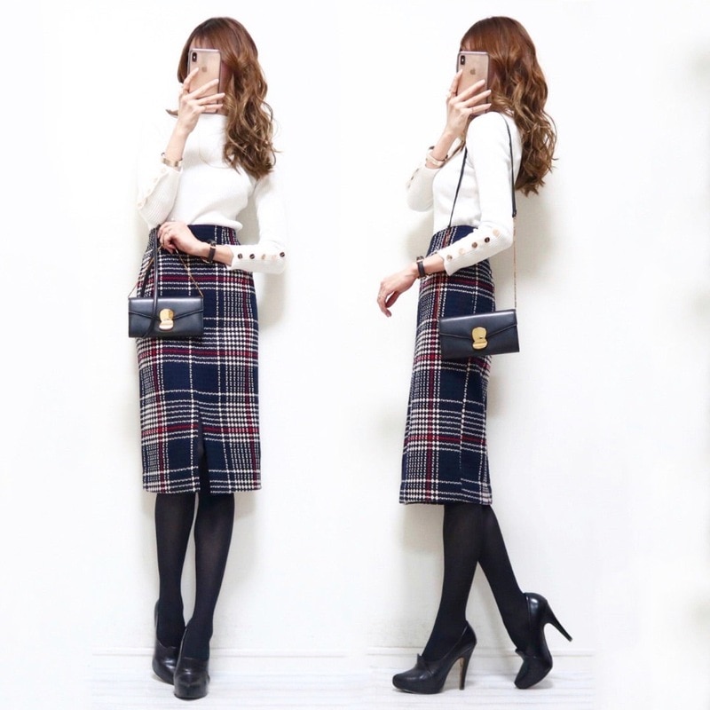 【今季注目】 女性に大人気 無地 長袖 ニット スカート チェック柄 スリット 2点セット レディース