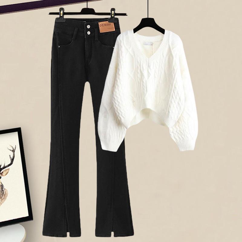 【人気高い】 Vネックセーター+スリットデニムパンツセット 4,959円