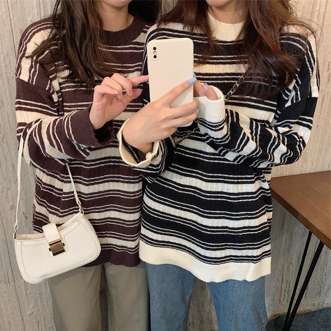 ニットセーター レディース セーター ボーダー柄 ニットトップス クルーネック ニット 長袖 レトロ ボーダー柄セーター お洒落 プレゼント