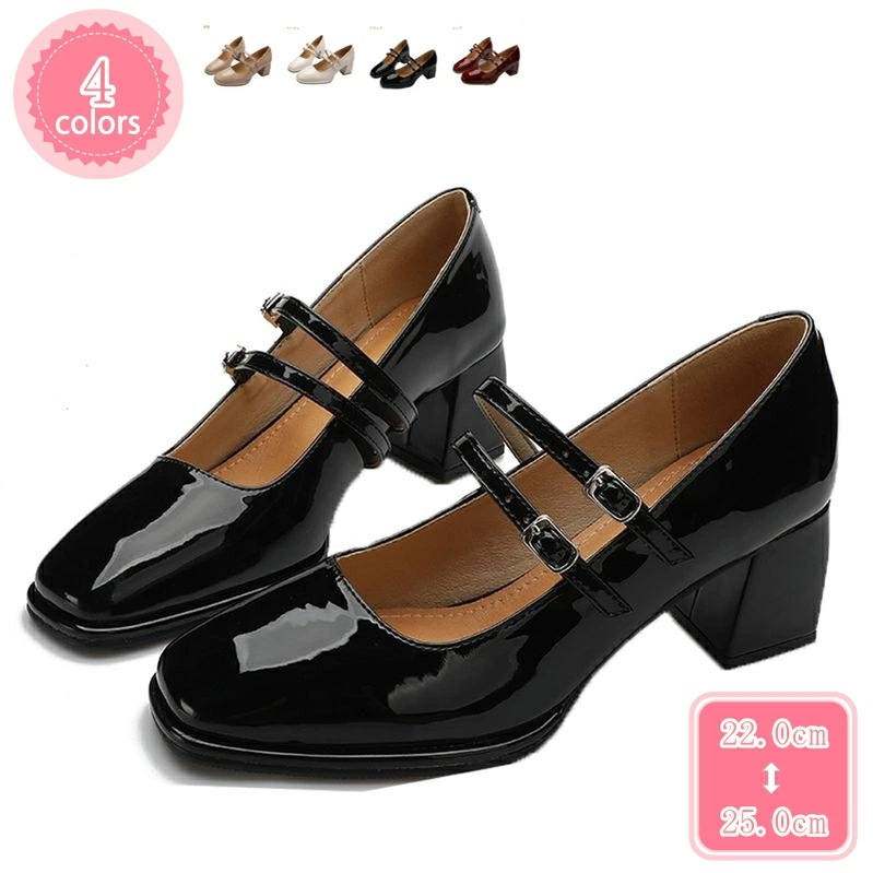 1000円OFFクーポン レディース シューズ パンプス ストラップ スクエアトゥ おしゃれ かわいい チャンキーヒール 黒 ブラック レッド ベージュ 杏 厚底 プラットフォーム パンプス 5.5ヒ