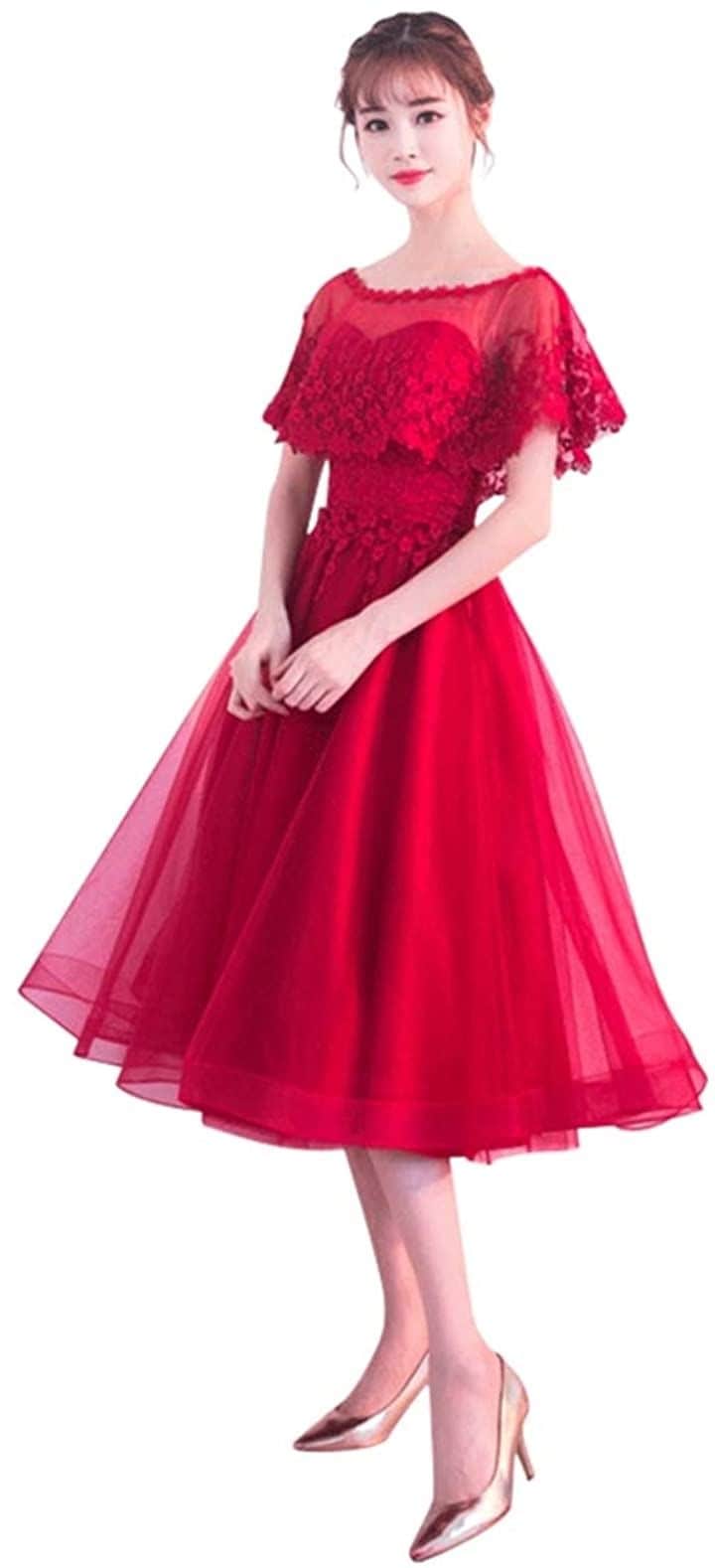パーティードレス ミモレ丈 結婚式 ワンピース ロング フォーマルドレス S678(レッド, S)