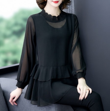 フリルシフォンロング丈トップス トップス ロング丈 袖あり 綿 光沢 爽やか 大人スタイル 大人可愛い きれいめ シンプル カジュアル 大人 上品 おしゃれ かっこいい レトロ アジアン 大人可愛い