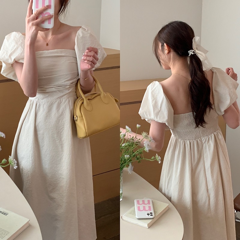 オフショルワンピース ワンピース フレアワンピース ロング ロング丈 袖あり 半袖 パフスリーブ スクエアネック オフショルダー オフショル フレア Aライン ハイウエスト かわいい 大人可愛い