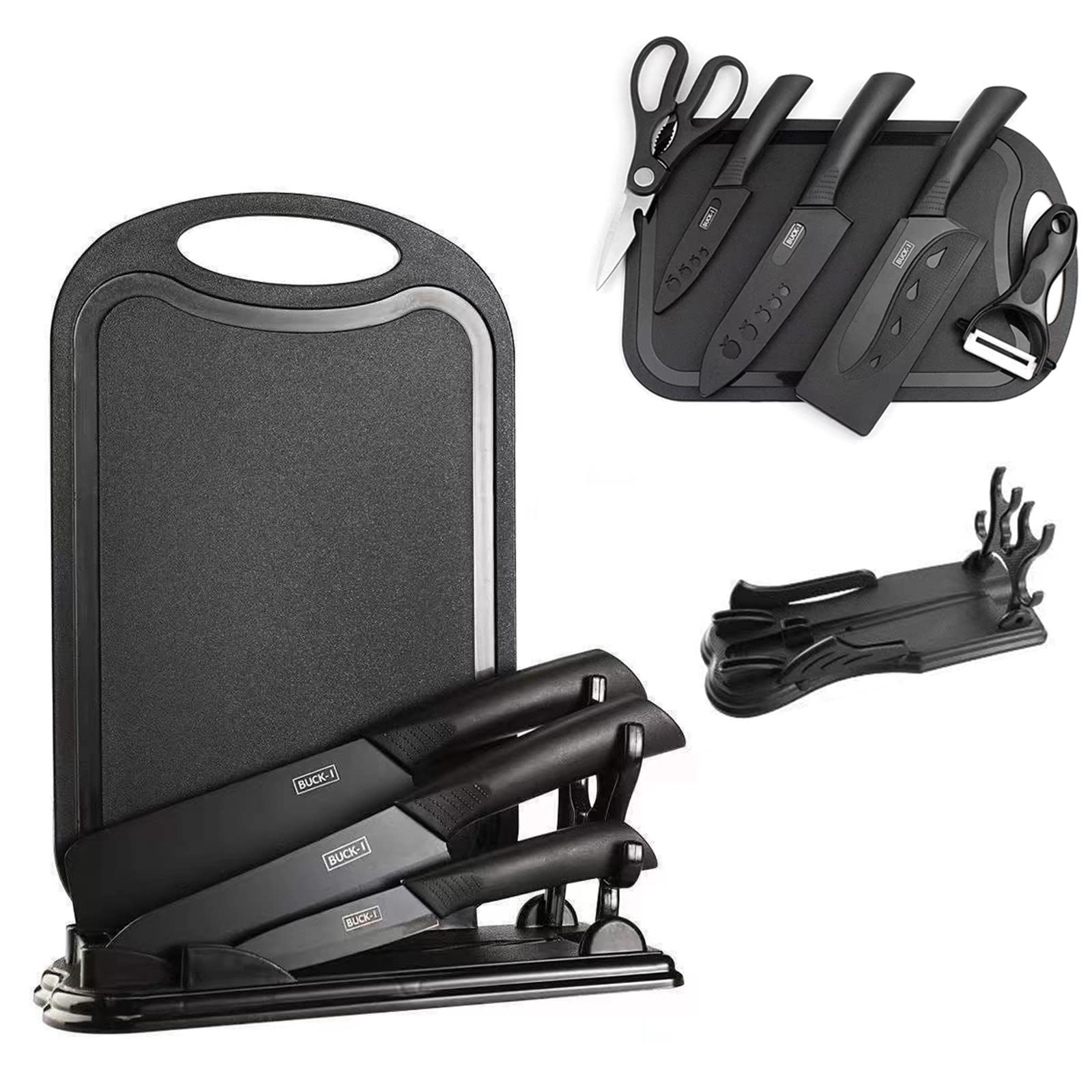 包丁 セット 菜切包丁 ペティナイフ ピーラー キッチンバサミ まな板 6点セット スタンド付き 黒刃 ステンレス 抗酸化 切れ味長持ち メンテナンス簡単 調理器具セット 家庭用 食器洗い機対応 型