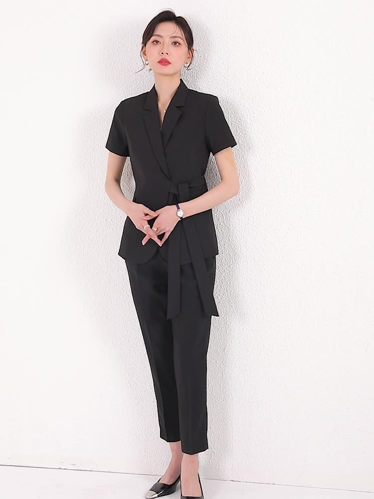 職業用黒半袖西装セットアップ夏用薄手気質前台女性用オフィスウェア