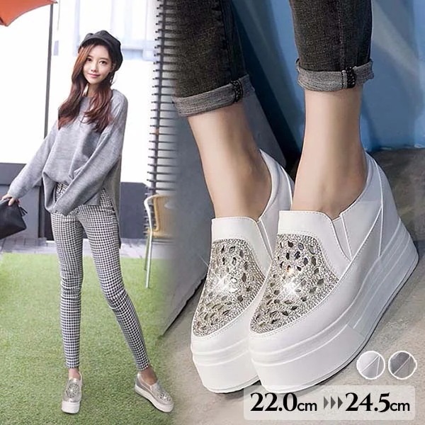 スリッポン レディース ヒール5センチ 厚底 キラキラ ストーン ビジュー スニーカー 小さいサイズ ホワイト ローカット インヒール 大きいサイズ 歩きやすい 白い靴 カジュアル コンフォート 22