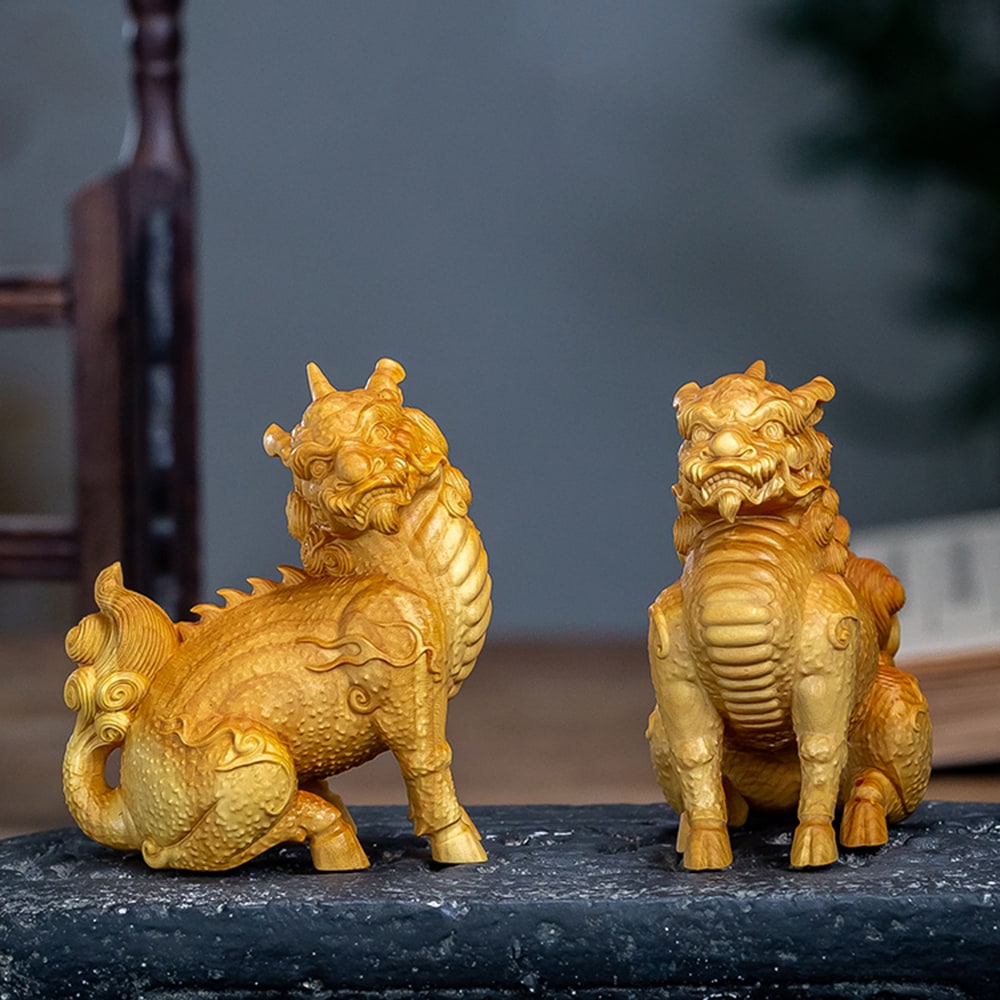 中国瑞獣 麒麟 黄楊木彫り 文玩手持ち工芸品 招財置物 家庭・オフィス装飾用小型置物