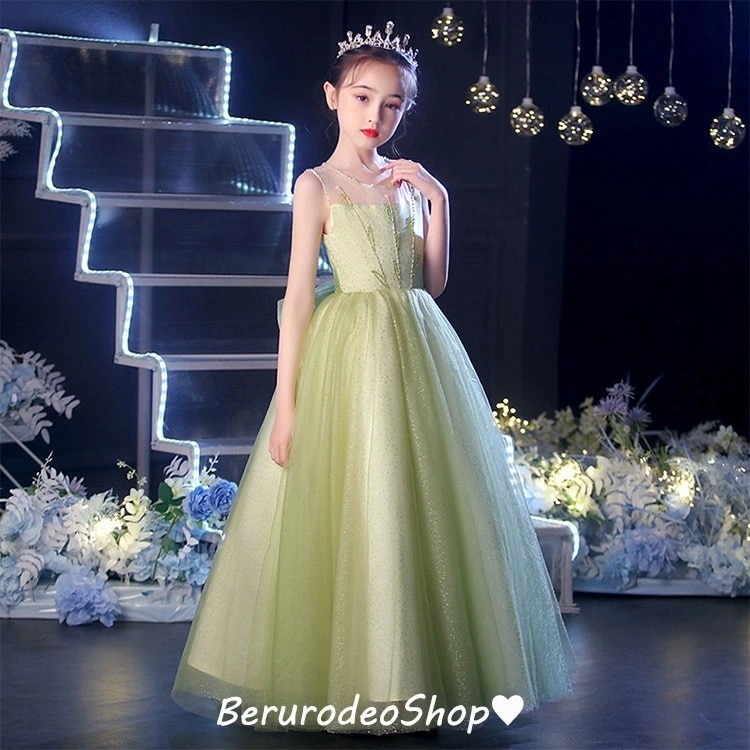 子供ドレス ピアノ発表会 ロングドレス グリーン ノースリーブ 女児ドレス 演奏会ドレス キッズドレス 女の子 ビーズ 花柄 キレイめ 子どもドレス 演出服 ステージドレス 100 110 120 1