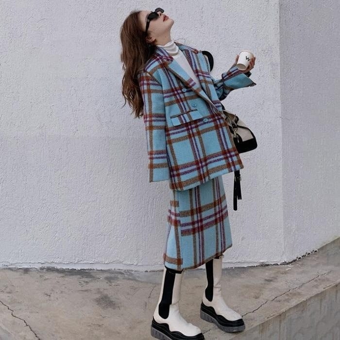 コットンウール 袖あり ハイウエスト チェック柄 長袖 オルチャン ツーピース ひざ丈 膝丈 スカート トップス 細身 ストレート 韓国 レディース アウター 膝下 タイト 2点セット