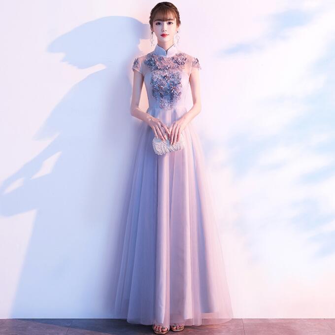 新入庫パーティードレス Aラインドレス ロングドレス 花柄 立ち襟 結婚式 花嫁の介添え イブニングドレス レデイース 撮影 マキシ丈ワンピース ミモレ丈ワンピース 袖あり 発表会 二次会 同窓会 ス