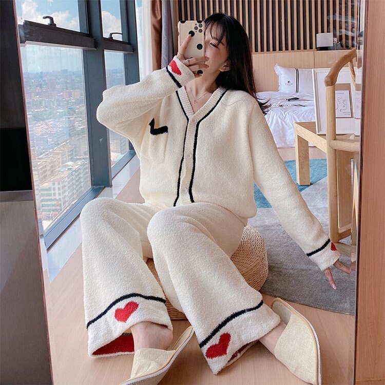 パジャマ 冬 レディース ポリエステル 厚手 厚い ナイトウェア 長袖パジャマ 無地 前開き かわい