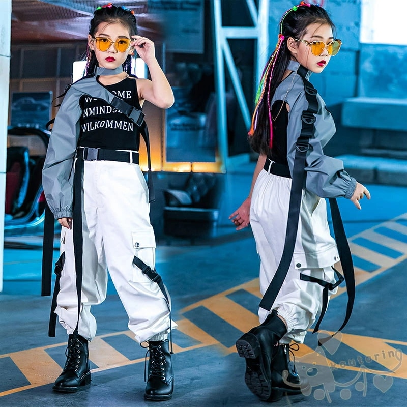 キッズダンス衣装 ヒップホップ 女の子 HIPHOP 子供 ベスト スリーブ パンツ チアガール ジャズダンス チアガール 応援団 へそ出し 練習着 体操服 発表会 hiphop 演出服 おしゃれ 1