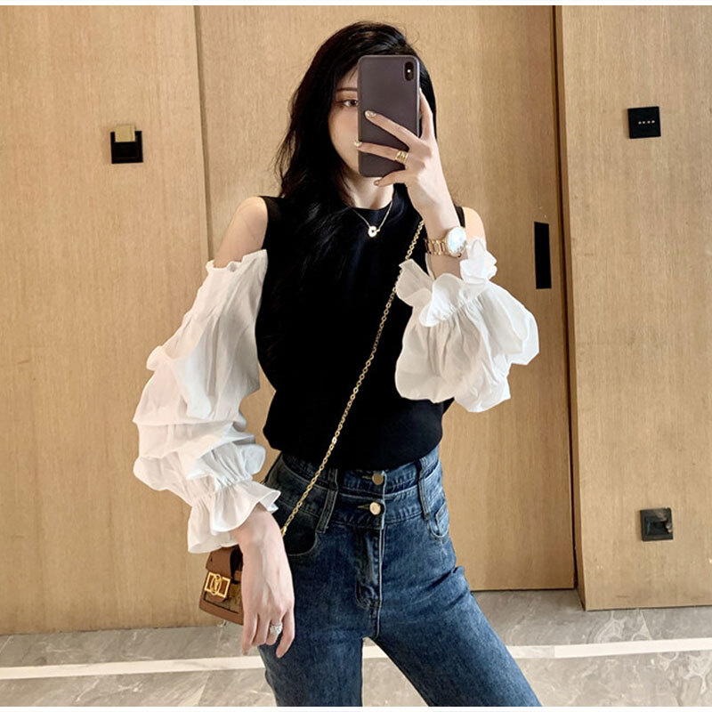 オフショルダー ボリューム袖 カットソー トップス ブラウス ラウンドネック 襟なし 袖あり 長袖 オフショル フリル かわいい 大人可愛い おしゃれ フェミニン 大人女子 ラブリー キュート ガーリ