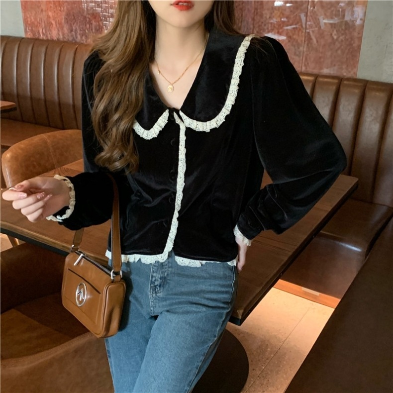 ２色 トップス ブラウス レディース 秋冬 かわいい 長袖 オーバーサイズ ゆったり ボリューム袖 萌袖 Vネック ドールカラー ストレート レース 色展開 ブラック ワンサイズ かわいい 大人可愛い