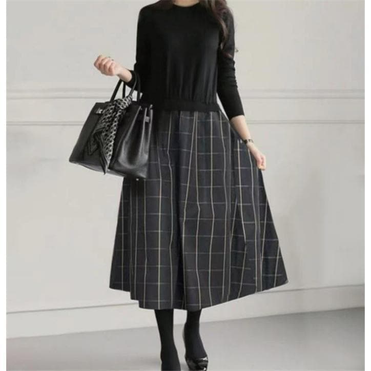 ワンピース レディース 40代 秋 冬 長袖 ロングワンピース 春 きれいめ ニットワンピース 着痩せ 体型カバー 異素材 切り替え カジュアル ゆったり お洒落