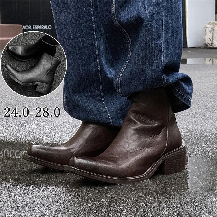 ()ブーツ メンズ バックジップ エンジニア ドレープ ショート タンクソール PU ミドル ハイカット バイクブーツ 黒 ブラック ブラウン おしゃれ 24.0~28.0