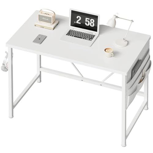 シンプル コンパクトPC パソコンデスク 幅80cm 丈夫な収納袋とフック付き リモートワーク ゲーミング ホワイト スチールフレーム 耐荷重約50kg 天板厚15mm