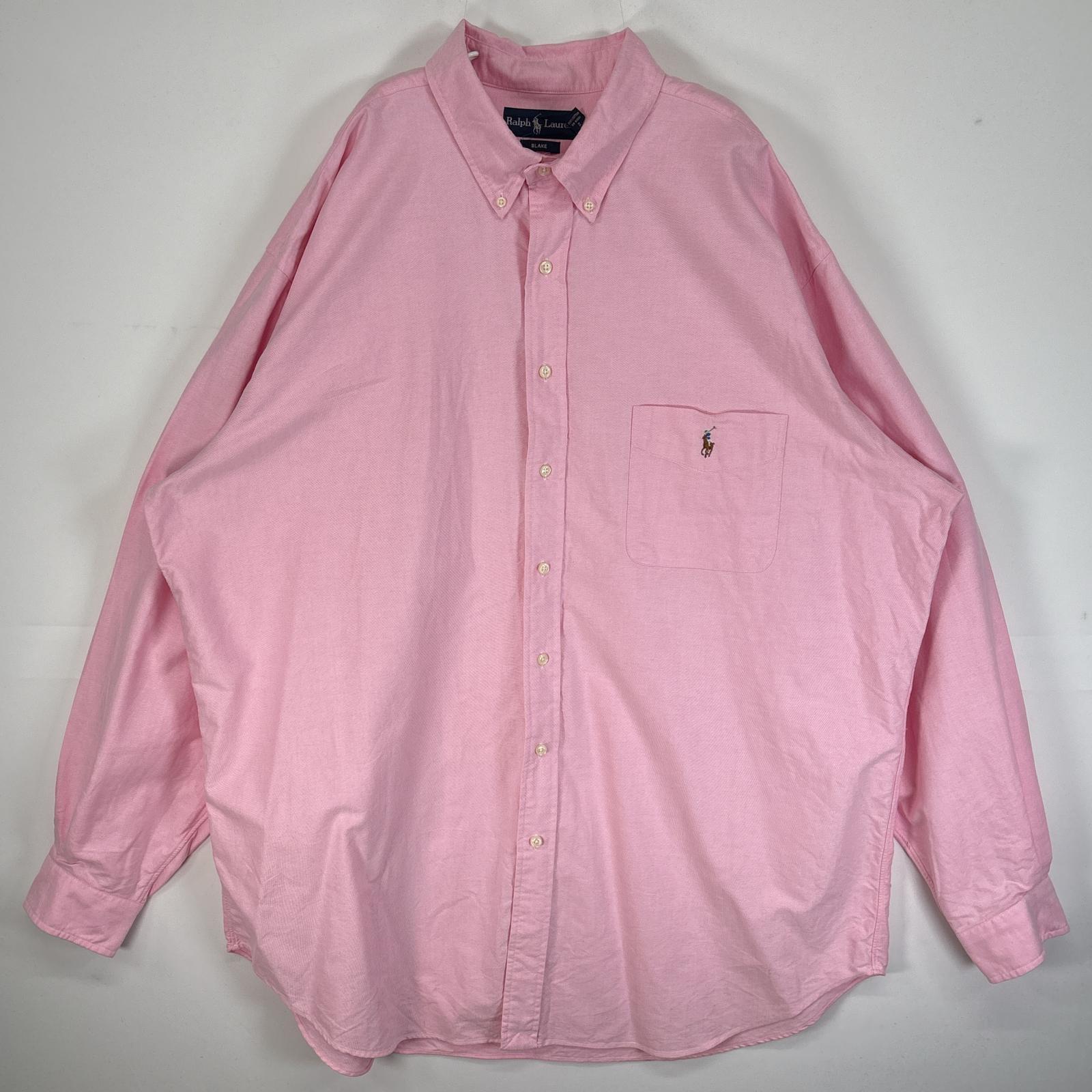 古着 90s/90年代 長袖シャツ オックスフォード ボタンダウン 大きいサイズ 肉厚 ロゴ 刺繍 2LT ピンク 無地 メンズ