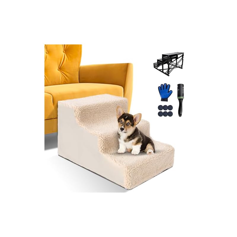 ZNM 犬 階段 ペット用ステップ 3段 滑り止め 軽量の1.4kg プラスチック製フレーム 持ち運び便利 水洗い可能カバー 取り外し 老犬介護 怪我防止 踏み台 ペット用品（高さ30cm-3段,ベー