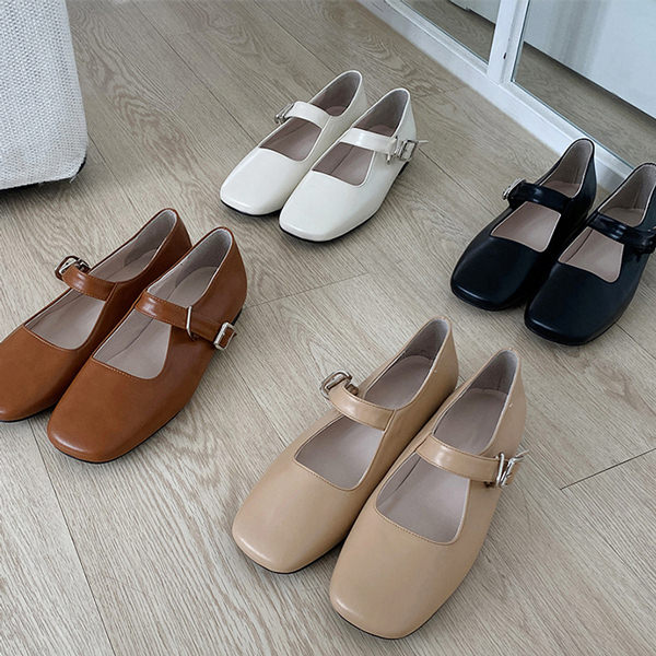 バレエシューズ スクエアトゥ フロントストラップ フラット