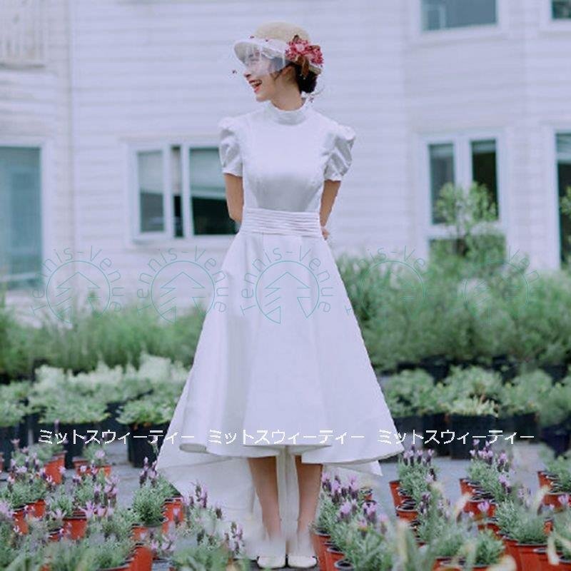 ウェディングドレス ウエディングドレス 半袖 ハイネック ロングドレス 結婚式 二次会 花嫁 前短後