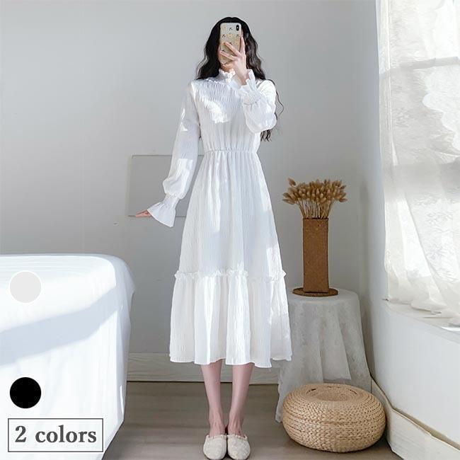 春 夏 ロングワンピ レディース フレアワンピース 長袖 ワンピース ドレス 縦フリル 姫系 長袖ワンピース 春秋 チュニック パーティー 森ガール