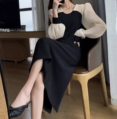 レディース スカート ワンピース ドレス 長袖 パフスリーブ Vネック セミフレア フェミニン ウエストマーク バイカラー かわいい 大人可愛い きれいめ シンプル カジュアル 上品 おしゃれ