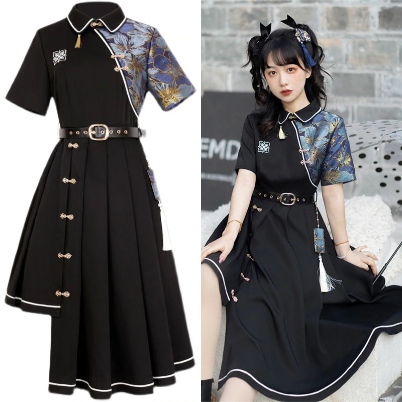 【快速出荷】チャイナ風ワンピース 切り替えワンピース 夏 不規則 ワンピース 刺繍 半袖 花柄 黒 6,843円