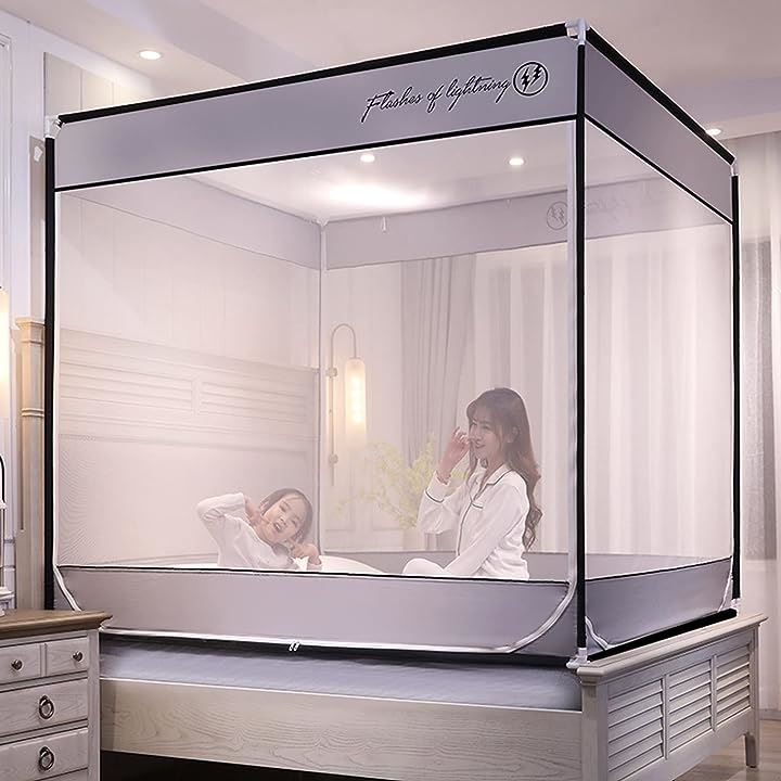 蚊帳 折りたたみ式 モスキートネット テント式 キャンプ式 レース ベッド 大人/子供兼用(グレー, 幅180x奥行200cm)