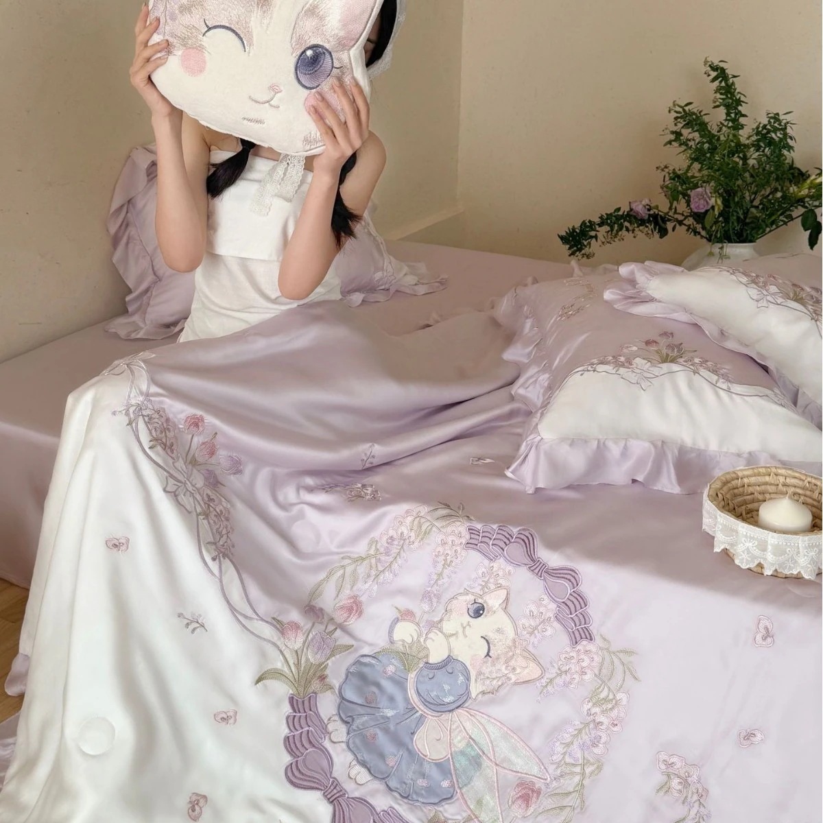5.12【迅速な発送】仙女 ネコ 夏 ガーリー ランキング天絲 刺繍 プリンセス風 夏掛け布団 4点セット アイスシルク エアコン用