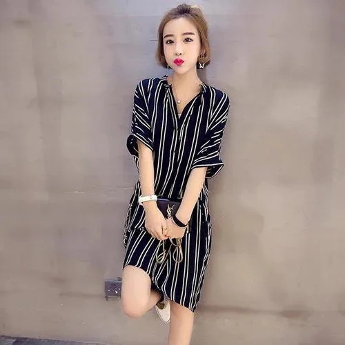 1400.ストライプシャツワンピース（ブラック） 2019 春夏 sale シンプルコーデ ストライプロングシャツ ワンピース 大きいサイズレディース