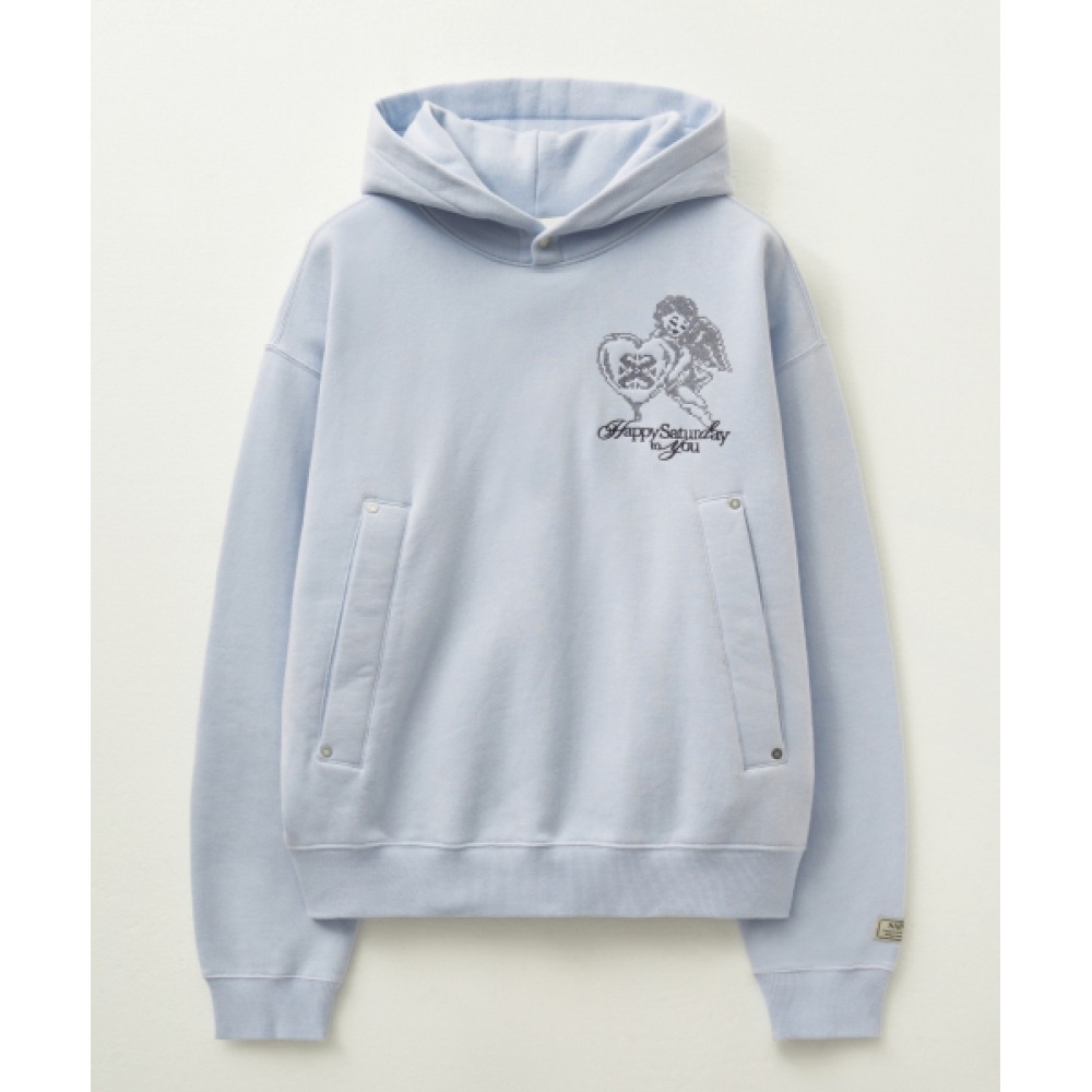 SATUR エンジェルクロスステッチ起毛フード付き T シャツスカイブルー