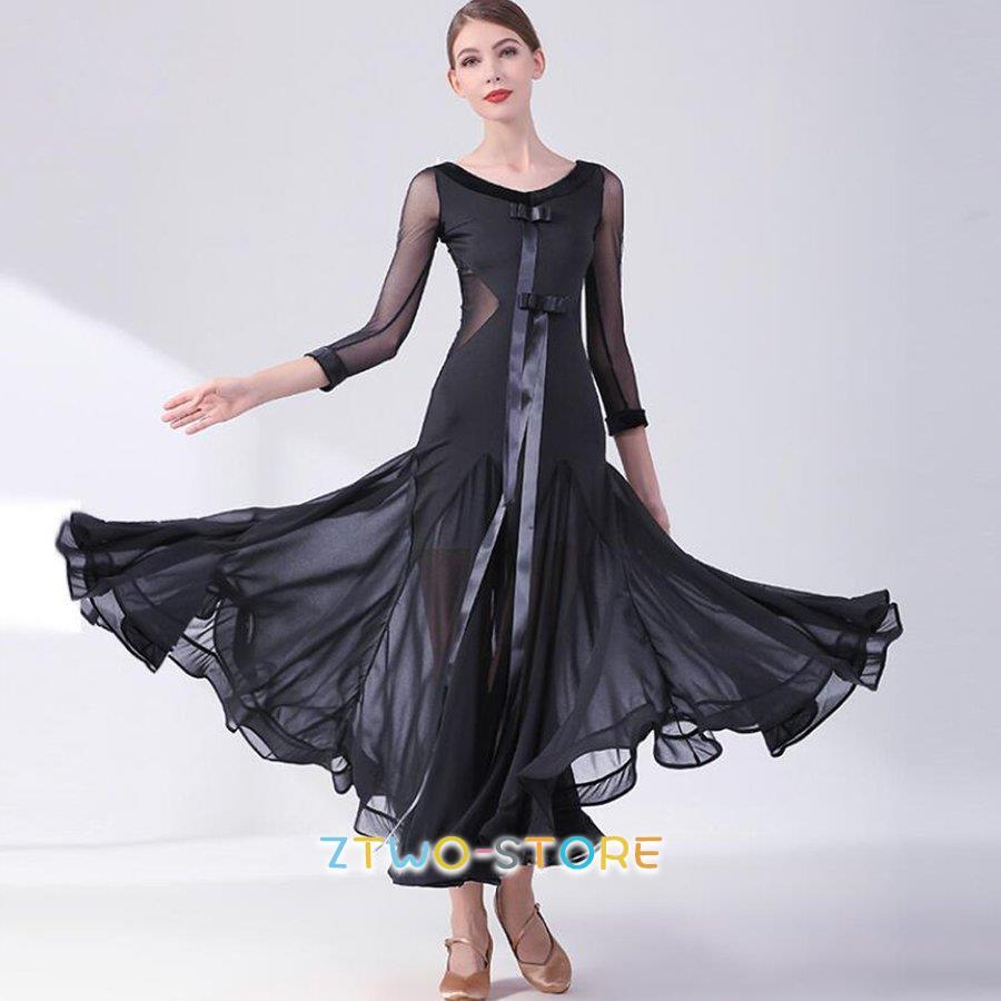 新しい子供用ダンスウェア 社交ダンスドレスレディース モダンダンス ロング丈ワンピース 長袖 レッスン着 フラメンコ ワルツ専用ドレス スタンダード練習着 2枚購入で2313円OFF